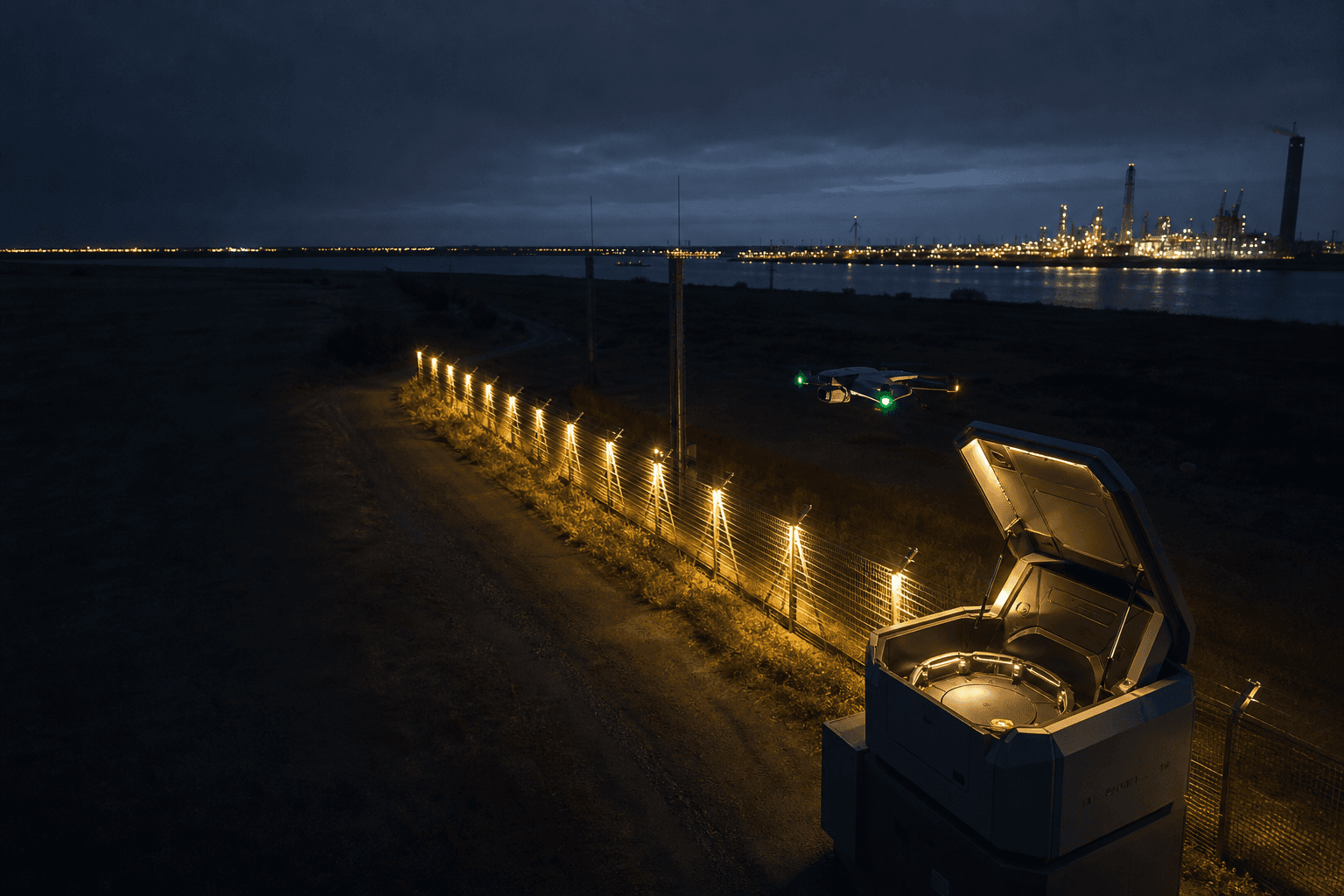Dock station with drone launch on an industrial site at night